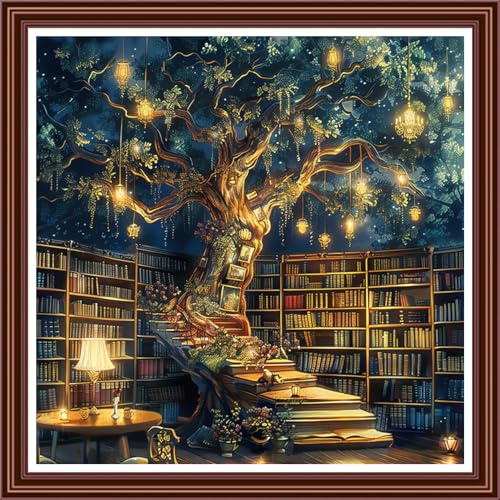 Dimensean Counted Cross Stitch Kit for Beginners, 11CT Unprinted Cross-Stitch Kit Easy Patterns Needlepoint Kit Cross Stitching Embroidery Kit Supplies-Life Tree Bookstore 18x18 inch - color: ColornNEW19