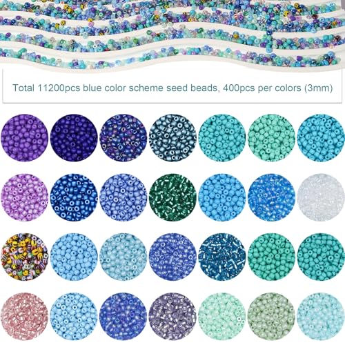 11200pcs Glass Seed Beads for DIY Crafting Bracelet Necklace Embroidery Jewelry Making Supplies (3mm, 400pcs/Color, 28 Colors, Blue Scheme) - color: Blue