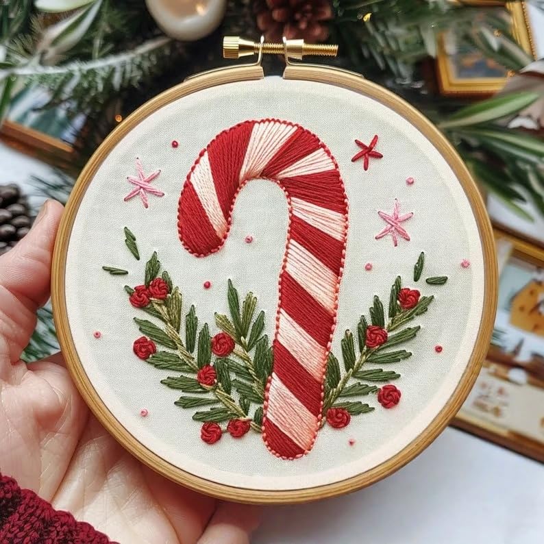 Christmas Embroidery Kit DIY Hand Embroidery Starter Cross Stitch Kits, Christmas Ornaments Embroidery with Stamped Pattern,Cotton,Threads,Needles,Instructions for Adults Beginners (Candy Cane) - color: Candy Cane