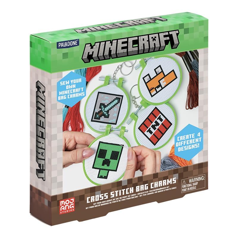 Paladone Minecraft Officially Licensed Cross Stitch Charm Set of 4, Creeper, TNT, Sword and Fox, Idea Gamer Gift for Boys and Gifts, Arts and Crafts DIY Gaming Decor and Accessory