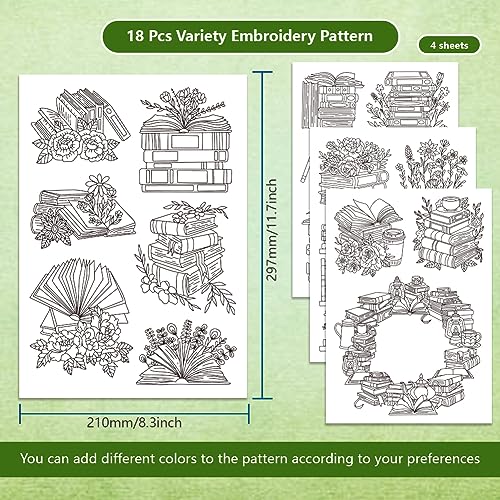 BENECREAT 4 Sheets 18PCS Stick and Stitch Embroidery Paper, Books and Flower Theme Stabilizer Water Soluble Hand Sewing for Carves, Shirts, Coats, Bags, Towels - color: Books and Flower