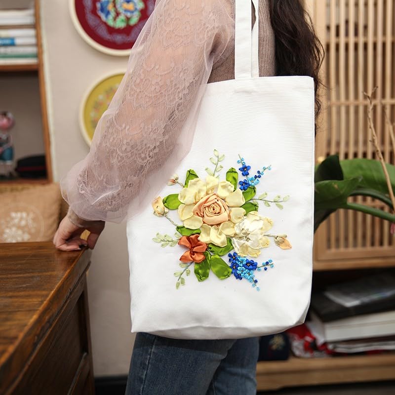 CREAWONDER Canvas Tote Bag Embroidery Kit with Pattern for Beginners, Arts and DIY Embroidery Crafts Kits for Adults, Include Instructions, Embroidery Hoops, Color Threads and Tool - color: CR002 xiaoqingxin06 white