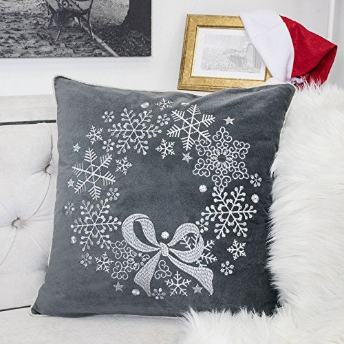 Embroidery Gray Velvet Throw Pillow Cover, Merry Christmas Series Snowflake Floral Wreath Luxury Soft Fuzzy Cozy Warm Slik Gift Square Couch Cushion Pillow Case 20 x 20 Inch, Cover Only - color: Snowflake Wreath