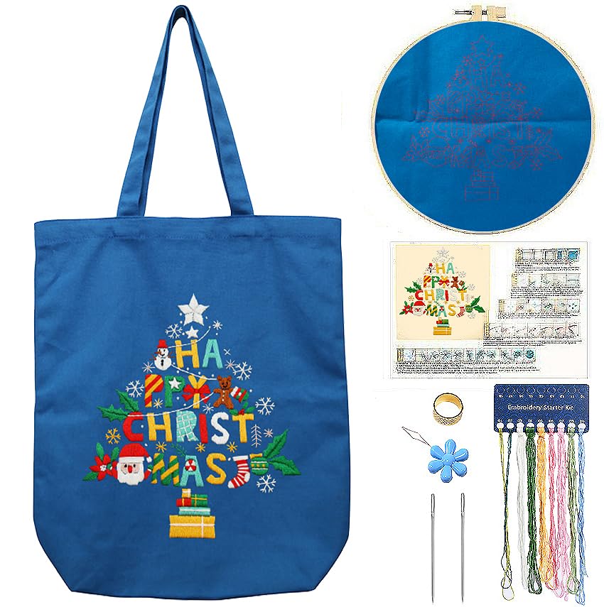 CREAWONDER Canvas Tote Bag Embroidery Kit with Pattern for Beginners, Arts and DIY Embroidery Crafts Kits for Adults, Include Instructions, Thimble, Embroidery Hoops, Color Threads and Tool - color: CR002 Christmas tree darkblue