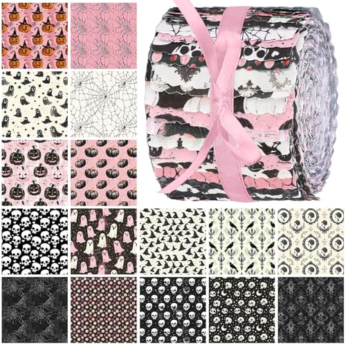 Hosuly 40 Pcs Pink Halloween Fabric Jelly Quilting Strips Roll - color: Retro Pink Halloween