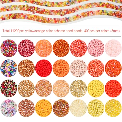 11200pcs Glass Seed Beads for DIY Crafting Bracelet Necklace Embroidery Jewelry Making Supplies (3mm, 400pcs/Color, 28 Colors, Yellow Scheme) - color: Yellow