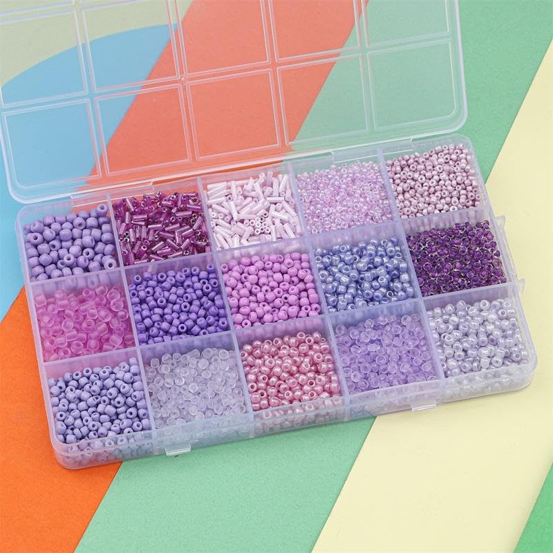 15 Color Glass Seed Tube Bugle Beads Bracelet Jewelry Making Kit,Purple - color: light purple