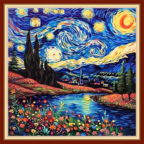 Funxvoot Stamped Cross Stitch Kits for Beginners or Adults Embroidery Starter Patterns | DIY Printed Cross Stitch Kits Needlepoint for Adults or Kids 11CT-Van Gogh's Star River 18x18 inch - color: color13