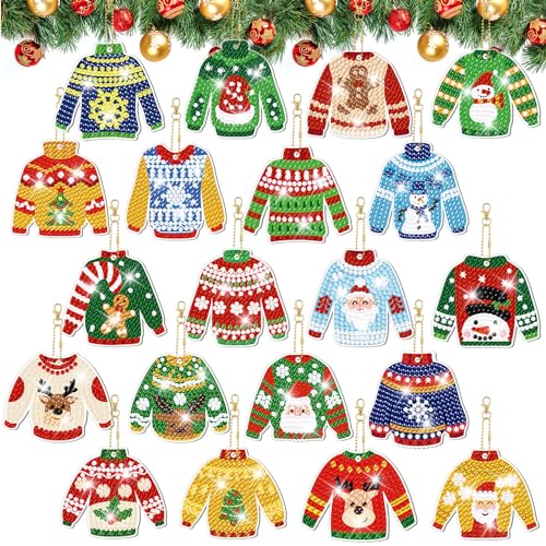 Tondiamo 20 Pcs Christmas Diamond Painting Keychain Kits 5D DIY Diamond Art Pendants Double Sided Hanging Key Chains for Christmas Party Decoration DIY(Sweater Style) - style: Sweater Style