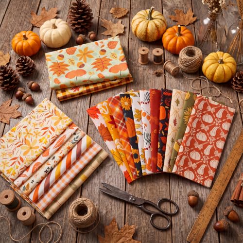 25 Pcs Fall Quilting Fabric Scraps, 10''x10'' Thanksgiving Cotton Fabric Squares Vintage Precut Quilt Kits Include Pumpkin Maple Leaf Bundle Print for Autumn Holiday DIY CRA - color: Orange Autumn