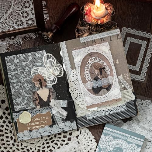 Lace Stickers for Scrapbooking, 30 Sheets Scrapbook Stickers Book for Wedding Invitations, Bridal Scrapbook Supplies, Transparent PET Stickers for Junk Journaling, Vintage Lace Aesthetic - color: Retro-style Lace