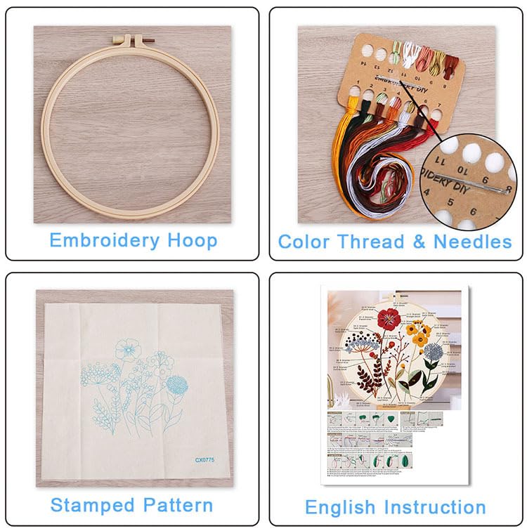 Qupace 3 Pcs Flowers Plants Embroidery Kits for Beginners Adults,Cross Stitch Sewing Craft Set, 3 Embroidery Hoops,3 Finished Stands, Floral Needlework Kit - color: Pink