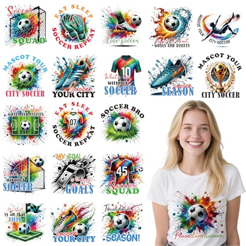 Soccer DTF Transfers Ready to Press - 20 Sheets Watercolor Soccer Iron On Transfers for T Shirts Sports Game Heat Transfer Iron on Patches for Clothes Bag Pillow Covers DIY - style: Soccer Style