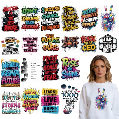 Rngmsi Dtf Transfers Ready to Press - 20 Pcs Inspirational Iron on Transfers for T-Shirts, Colorful Motivational Iron on Stickers, Heat Transfer Vinyl Decals for DIY Fabric Clothes Decor - style: Inspirational