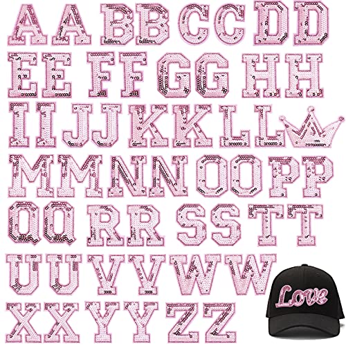 54 Pieces Iron on Sequin Letters Alphabet Patches Iron on Appliques Love Design Sew on Patches Glitter Hotfix for Bag Shoes DIY Craft Supplies(Pink) - color: Pink
