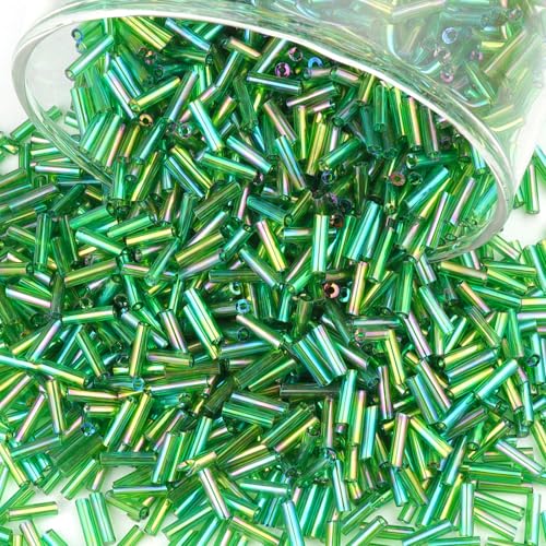 4000 Pcs Oil Slick Green Glass Bugle Beads, 2 x 7 mm Embroidery Beads, Small Long Tube Seed Beads for Embroidery Craft Jewelry Making - color: Oil Slick Green