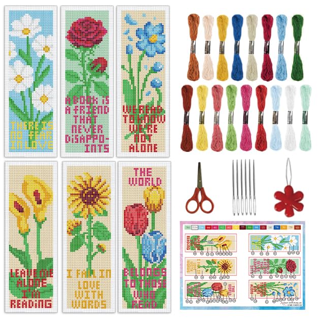 INFUNLY 6pcs Flower and Reading Words Cross Stitch Bookmark Kit for Beginners DIY Rose Tulip Lily Stamped Embroidery Bookmark Kits Plants Words Needlepoint Kit with Instruction for Book Lovers Readers - style: Floral Text