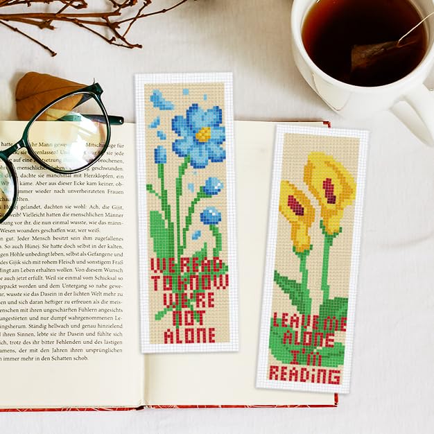 INFUNLY 6pcs Flower and Reading Words Cross Stitch Bookmark Kit for Beginners DIY Rose Tulip Lily Stamped Embroidery Bookmark Kits Plants Words Needlepoint Kit with Instruction for Book Lovers Readers - style: Floral Text