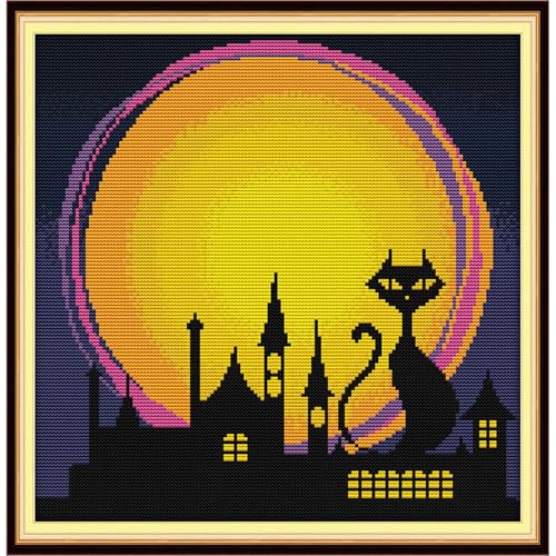 Howie's Needlepoint Cross Stitch Kits, 14CT Pre-Printed Halloween Pattern Embroidery Kits, Full Range of Stamped Starter Needlework Kits (The Night of Halloween 2, 13.39 x 13.39inch) - color: The Night of Halloween 2