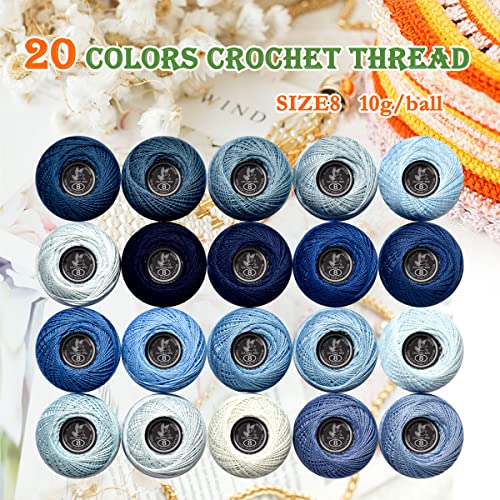 Soft 20 Colors Classic Crochet Thread 20 Pack,100% Cotton (Grey Blue-160-3750) - color: Grey Blue Series