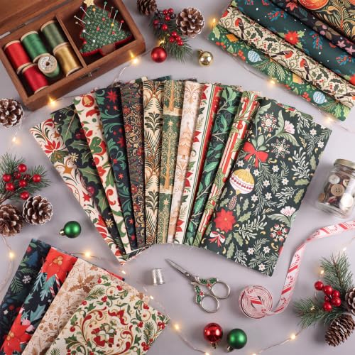 25 Pcs Christmas Cotton Fabric Squares, Christmas Morris Flowers Style - color: Christmas Morris Flowers