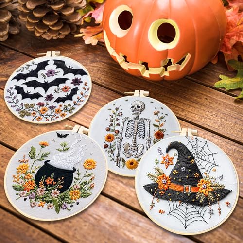 4 Set Halloween Embroidery Kit, Halloween Cross Stitch Kit, Gothic Embroidery Starter Kit 6 Inch Needlepoint DIY Craft for Beginners Adults