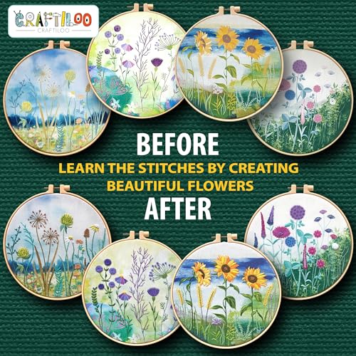 Embroidery Kit for Beginners Adults - 4 Floral Patterns, Learn 17 Stitches - color: 4 Watercolor Flowers