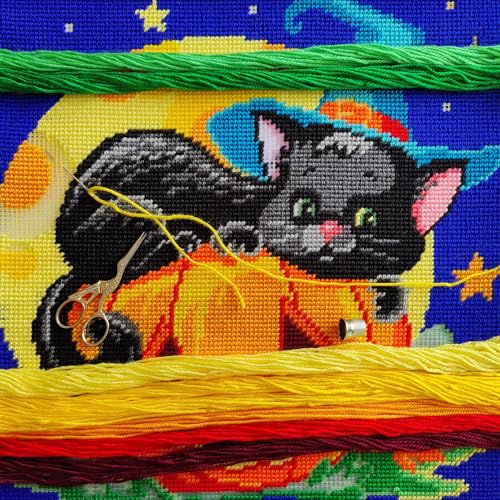 Brvsk Autumn Needlepoint Kit for Adults and Beginners — Halloween Cat 16″ × 16″ with Clear, Precise Printed Design on Cotton Canvas; Includes 2 Needles, Yarn, and Easy-Read Chart - color: Cat