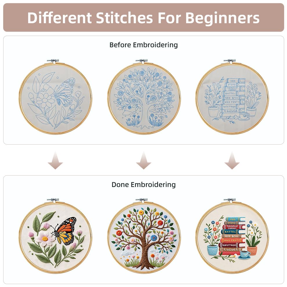 KEKEMEOW 3 Sets Embroidery Kit for Beginners, Stitches with Books and Flowers, Embroidery Stitch Practice kit for Adults Craft Lover, Cross Stitch Kit with Pattern、Instruction、Hoop - color: Book and flower