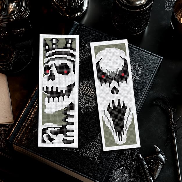 INFUNLY 6PCS Skull Theme Cross Stitch Kit for Beginners 8.5x3 DIY Bookmarks Cross Stitch Kits Black White Horror Embroidery Cross Stitch Kits with Backing Felt Floss Instruction for Book Lovers - style: 6PCS Skull Theme