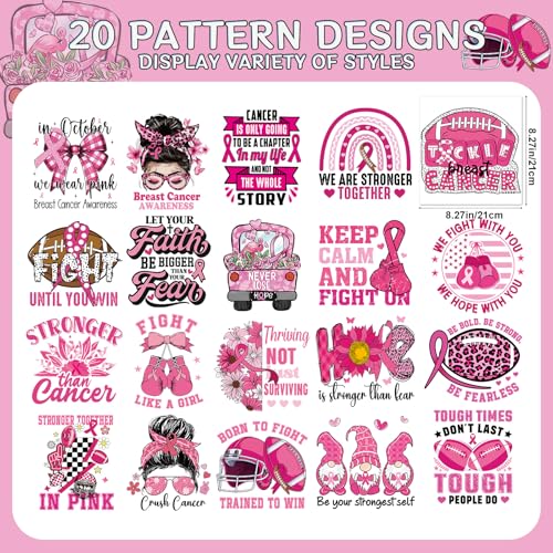 Breast Cancer Awareness Iron on Transfers - 20Pcs Falueqg Dtf Transfers Ready to Press, Football Games Pink Ribbon Breast Cancer Awareness Month Iron on Decals Patches Stickers for DIY Cheer Tshirts - color: breast cancer football 604