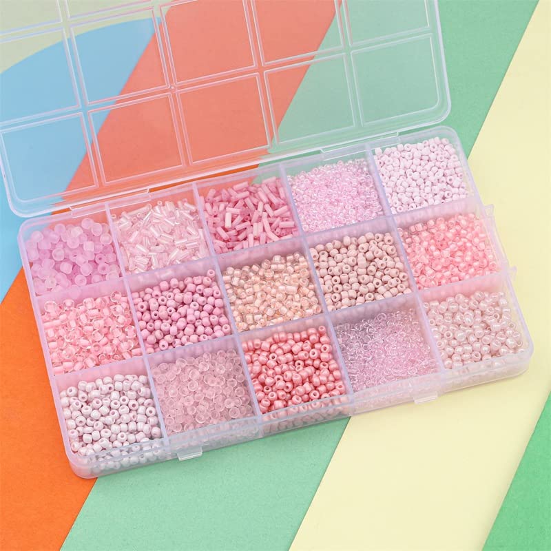 15 Grid Pink Glass Seed Bugle Tube Beads Kit for Jewelry Making DIY Craft - color: Pink, size: 15 Grid