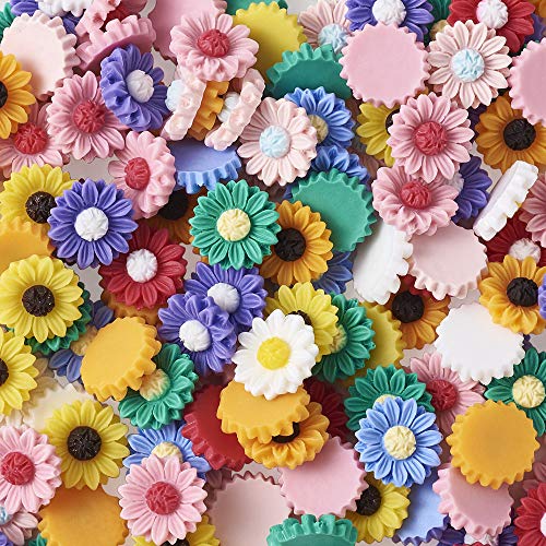 Beadthoven 200Pcs 15mm Flatback Resin Sunflower Cabochons Undrilled Floral Cameo Charms for Jewelry Embellishment Scrapbooking Supplies Mixed Color - color: 0Sunflower-Mixed 200pc#15mm