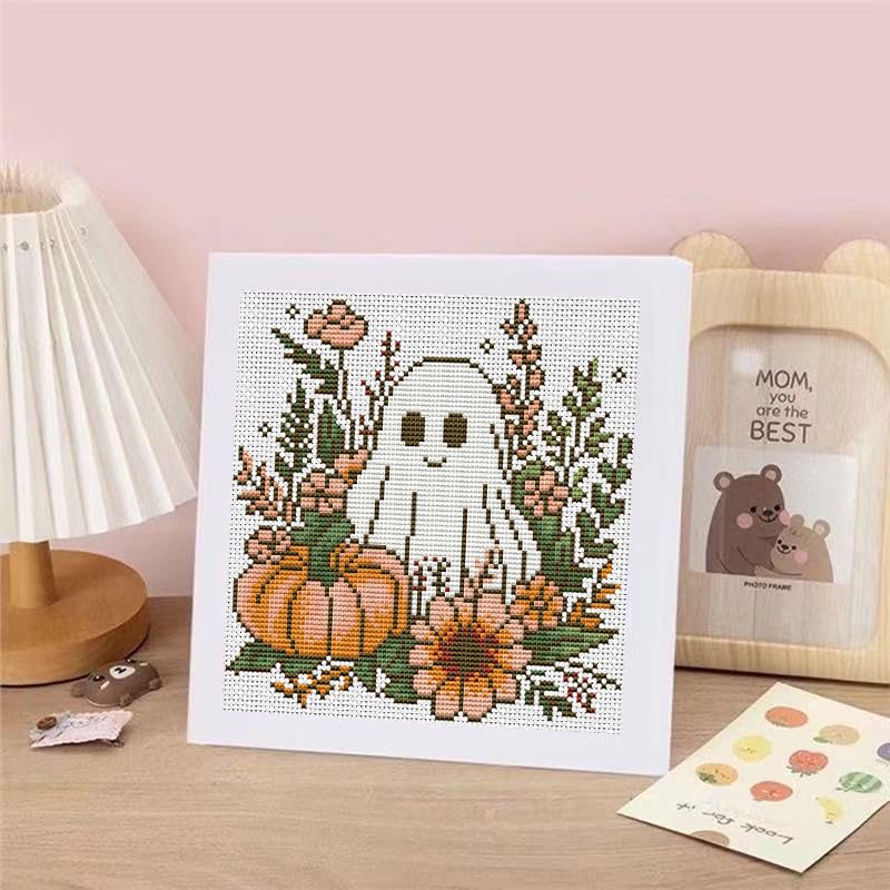 Ghost Flower Stamped Cross Stitch Kits for Adults Beginners with Frame - color: Ghost Pumpkin Cross Stitch with Frame