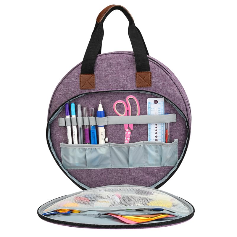 EXCEART Embroidery Project Handbag Embroidery Kit Storage Bag with Multiple Elastic Loops Zipper Pocket Large Circular Opening Handle 12.59 X 11.81 X 2.36 in - color: Purple