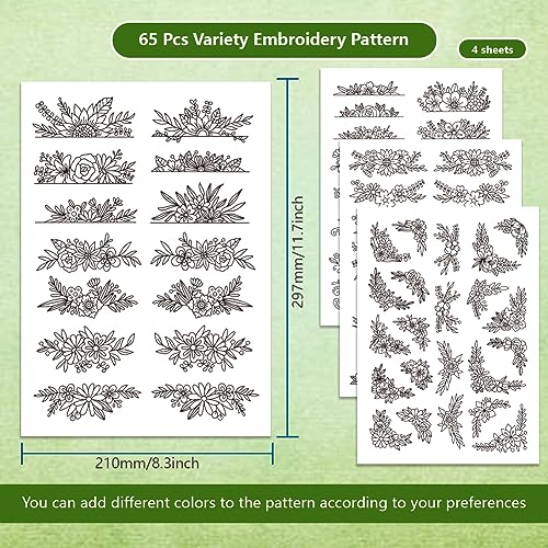 BENECREAT 4Steets 65Pcs Water Soluble Embroidery, 11.7x8.3inch Flower Pattern Transfers Water Soluble Stabilizer for Embroidery Stick and Stitch Embroidery Designs - color: Flower