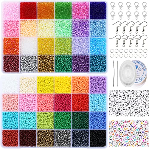 16800 Pcs 3mm Seed Beads & 260 Pcs Alphabet Beads Kit - Complete Jewelry Making Supplies with Elastic String, Earring Hooks & Claw Clasps | Ideal for DIY Bracelets, Necklaces - size: 3mm