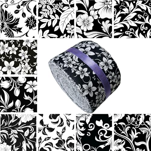 100% Cotton Jelly Roll Fabric Strips for Quilting and Sewings-B&W Floral - color: Black&white Floral