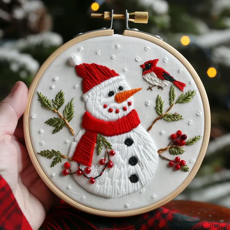 Christmas Embroidery Kit DIY Hand Embroidery Starter Cross Stitch Kits, Christmas Ornaments Embroidery with Stamped Pattern,Cotton,Threads,Needles,Instructions for Adults Beginners (Snowman) - color: Snowman
