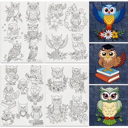 22Pcs Owl Embroidery Pattern Stabilizer, 8.3"x11.7" Owl Flower Water Soluble Stick and Stitch Embroidery Sticker, 4 Sheets Bird Hand Sewing DIY Embroidery Paper - style: Owl