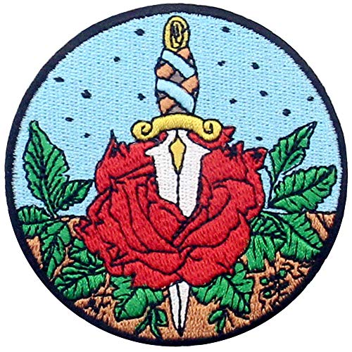 Rose and Dagger Patch Embroidered Applique Badge Iron On Sew On Emblem