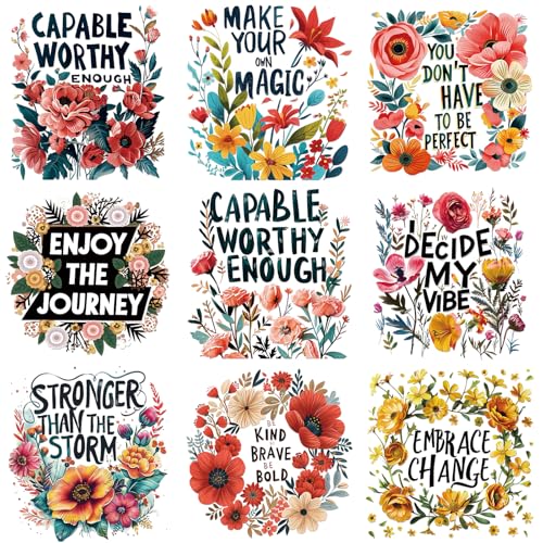 Dazoratix Inspirational Iron on Transfers - 9 Sheets Flower Ready to Press Motivational Heat Transfer Stickers Floral Clothing Decals for T-Shirts Women Clothes Appliques Hat Bag Clothes Decorations - style: Floral Inspiration-9PCs