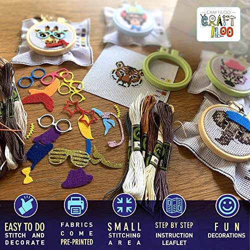 Safari Cross Stitch Kits for Kids - 5 Stamped Beginner Needlepoint Sets - color: Wild Animals