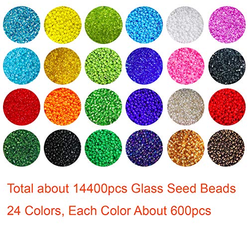 Glass Seed Beads Assorted Kit - Size 12/0 (2mm Tiny), 24 Multicolor Options (14,400pcs Total) with Organizer Box for Adult DIY Jewelry Making - color: 24 Colors Mix-Mixing Opaque and Transparent Colors