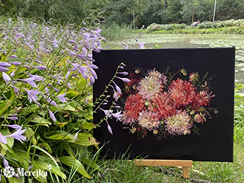 Merejka Dahlias Counted Cross Stitch Kit K-219 | Zweigart Black Aida 16 | 28 DMC Thread Colors | 11¾×15¾ in (30×40 cm)