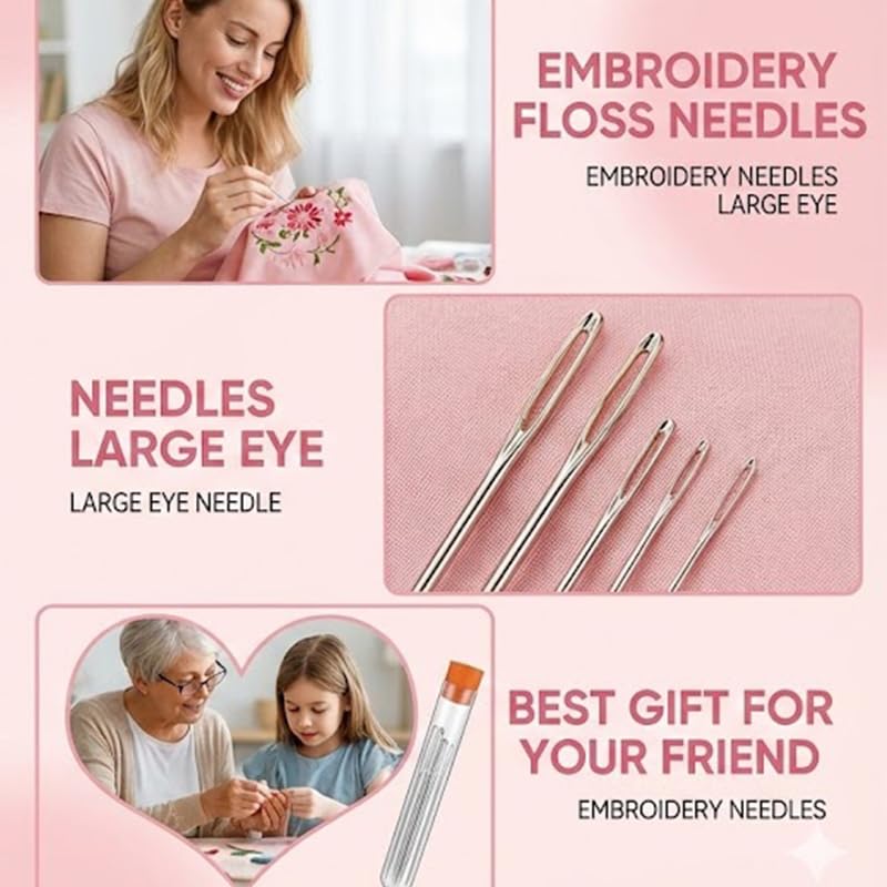 50 pcack Large Eye Hand Sewing Needles Set, 5 Sizes Stainless Steel with Threader - Big Eye Embroidery Quilting Leather Upholstery Beading Needles for Crafts DIY