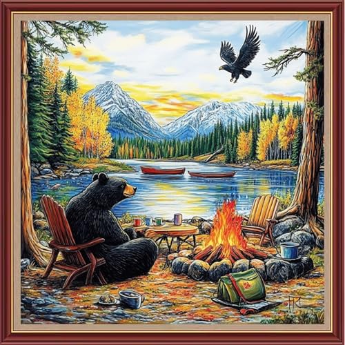 Dooxvey Cross Stitch Kits for Adults Beginners,Full Range of Cross-Stitch Stamped Kits Needlepoint Kits for Beginners Embroidery Kits 11CT Cross Stitch Patterns-Lakeside Bear Scenery 18x18 inch - color: Magicolor18