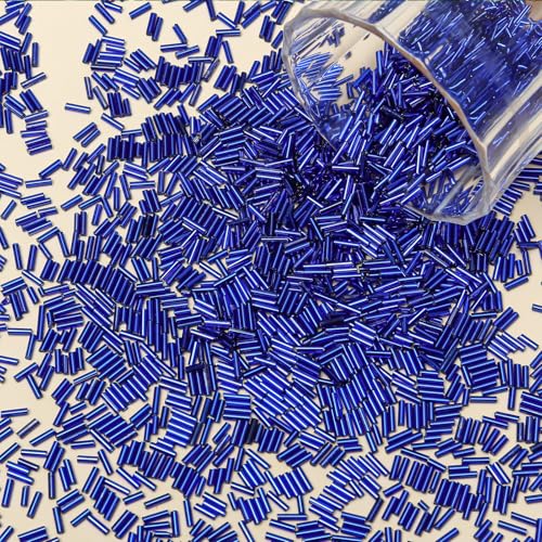 4200pcs Glass Bugle Beads, Mini Long Tube Seed Beads Bulk, Tiny Small Loose Spacer Embroidery Beaded for Bracelets Jewelry Making Sewing, Crafts, Christmas Ornaments, 2×6mm, Royal Blue - color: Royal blue