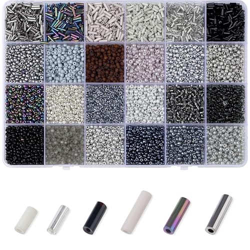 7500Pcs Black Glass Seed & Tube Bugle Beads Kit for Embroidery and Craft - color: F-Black
