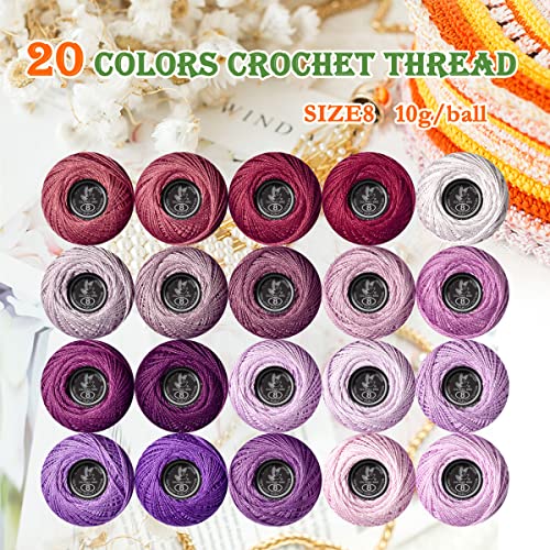 Soft 20 Colors Classic Crochet Thread 20 Pack,100% Cotton (Violet-3726-554) - color: Violet Series